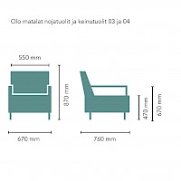 Olo matalaselkäinen nojatuoli mittakuva | Alastek hoiva- ja julkitilakalusteet